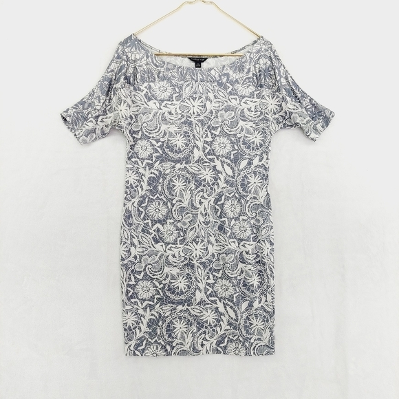 Banana Republic White Gray Blue Floral Short Sleeve Jewel Neck Midi Dress P4222 - Picture 1 of 9